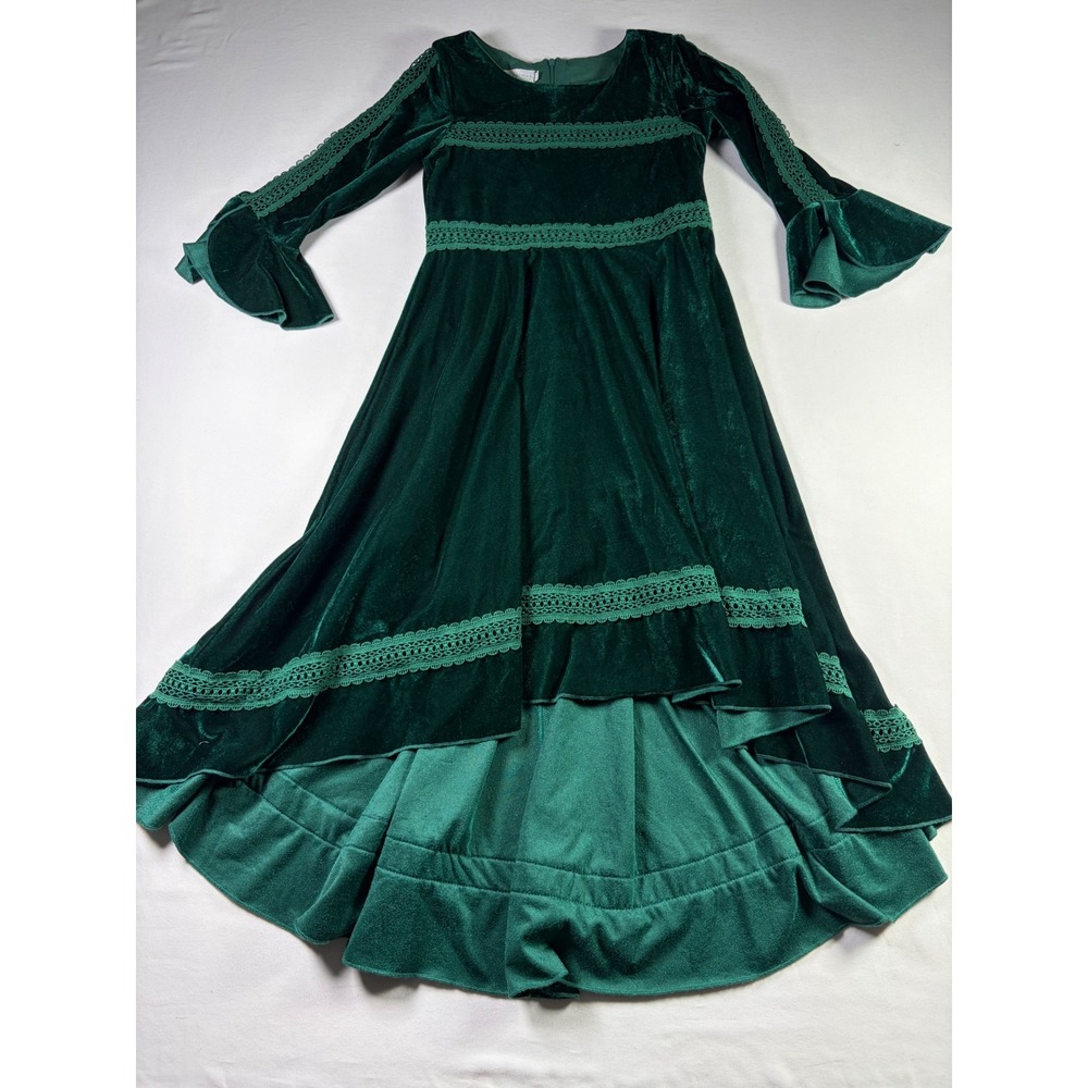 Tally Scully Green Velvet Lace Trim High Low Bell Sleeve Holiday Dress Girls 10